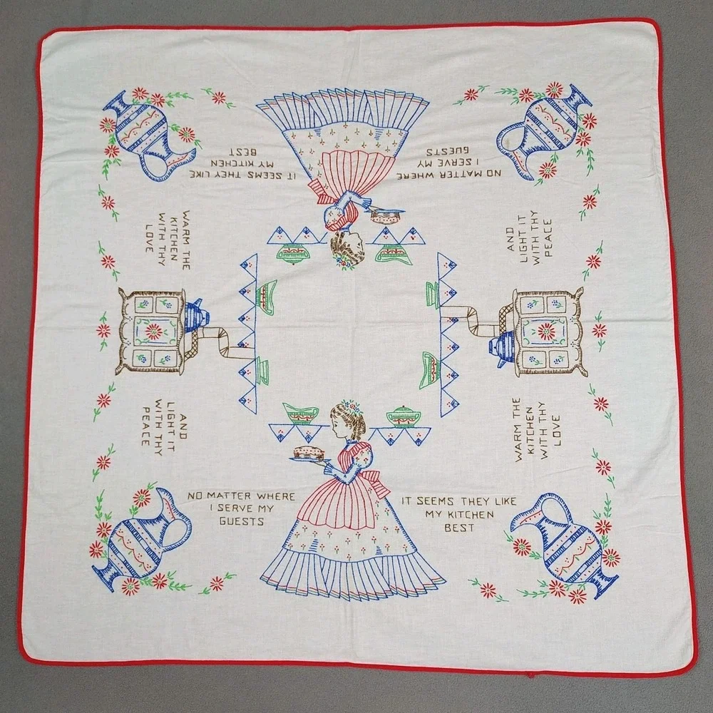 Vintage Embroidered Tablecloth Cottage Kitchen Hosting 50s Cross Stitch 33
